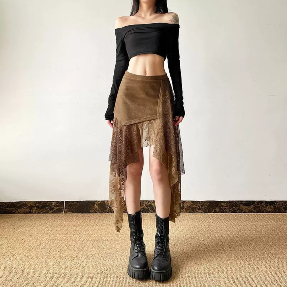 Zara Lace Trim High Waist Asymmetric Skirt Slim Mini